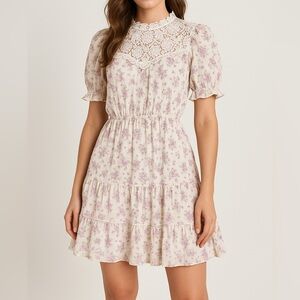 Women’s Small Dress Cottage Coquette Peasant Mini Floral Sweetheart Purple Cream